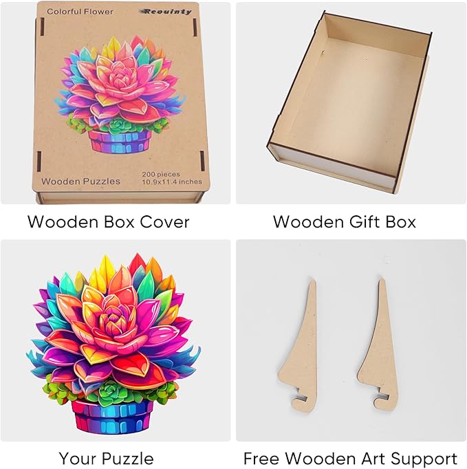 Reouinty Wooden Puzzles Colorful Flower 500 Piece, Luxurious Shaped Wood Puzzle, Beautiful Package, Best Gift for Adults and Kids, Family Game 16.9x16.2 in