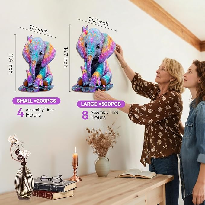 MEATRN Wooden Jigsaw Puzzle - Colorful Baby Elephant with Butterflies, 199 Pcs, 11.1x11.4 in, Animal Puzzles for Adults & Kids, Educational Brain Teaser Gift and Home Art Décor