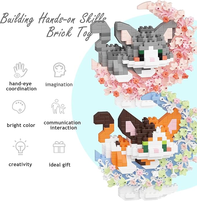 2 in 1 Micro Cat Building Block Set Animals for Adults, 2 Packs Cat Building Toy, Mini Goodie Bags Stuffers, Classroom Prizes, Animal Party Favor Toy