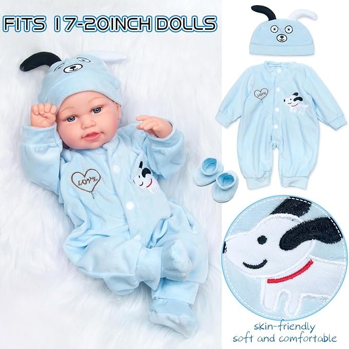 PEDOLLTREE Reborn Baby Dolls Clothes Boy Outfit Accessories Blue Puppy 9 Pcs Set for 17-20 Inch Reborn Doll Newborn Boy with Blue Dot Bassinet