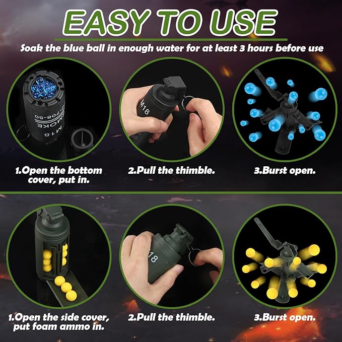 Tactical Toy-Grenade for CS Battle Game,2Pcs Fall Resistant Refillable Hand Fake Grenade Toy with 20 Foam Ammo for 14+ Outdoor Sports