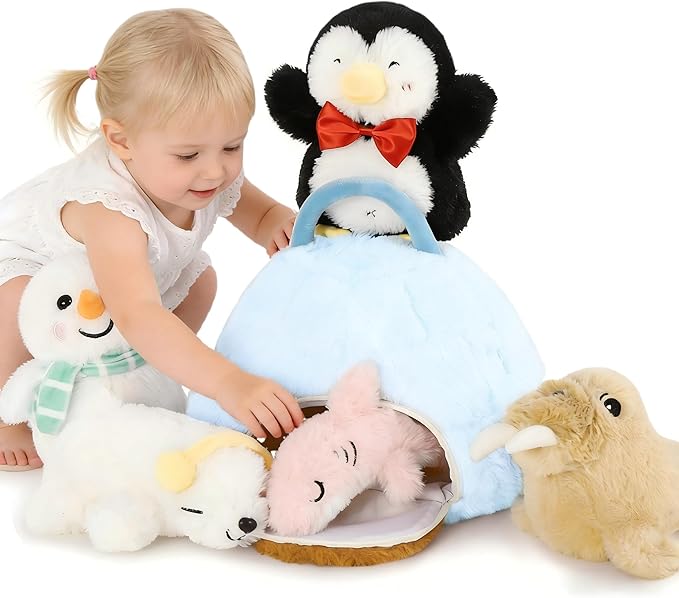 Tezituor 6 Pcs Ocean Sea Plush House with 5 Stuffed Animal Set,Sea Lions, Penguins, Sharks, Polar Bears, Snowmen Plush Toys, Soft Arctic Lgloo Plushie Gifts for Kids Christmas Valentines Birthday