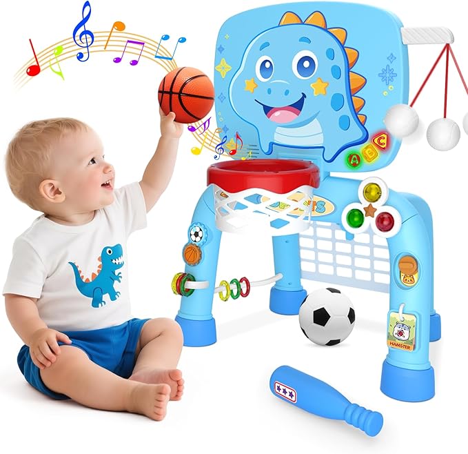 Toys For 1 Year Old Boy - Toddler Basketball Hoop&Soccer Goal&Baseball Sport Activity Center,Montessori Sensory Musical Toy With Light,Christmas Birthday Gift for Age 12-18 Month(Baby Blue Dinosaur)