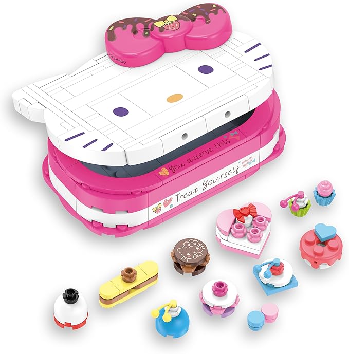 Brickcraft Hello Kitty Dessert Box Building Kit (184-Piece Set), Sanrio Buildable Sweets Set with Chocolate Bow Lid, Decorative Stickers, Gift for Fans Ages 12+
