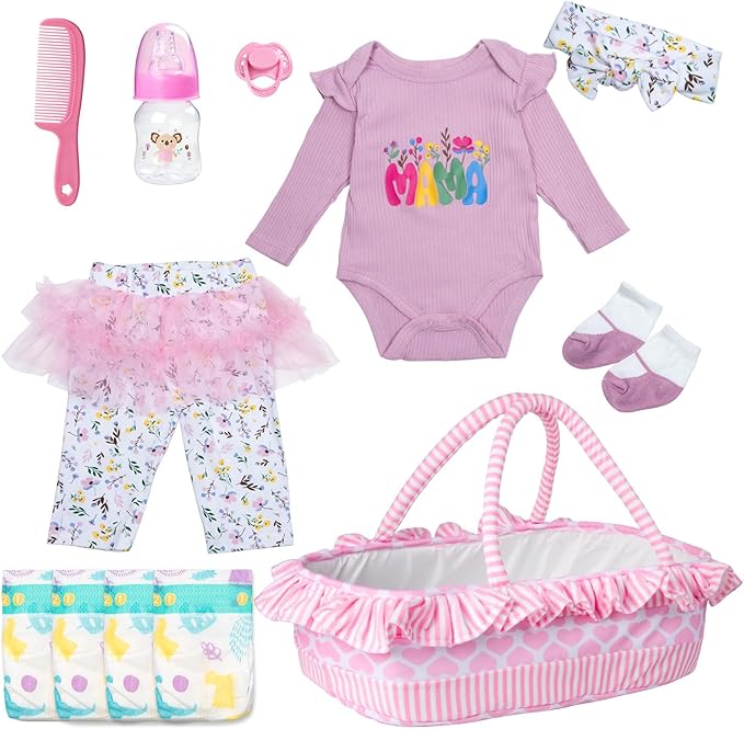 12 Pieces Reborn Baby Doll Clothes with Heart Bassinet & Diapers Accessories Set fit 17-24 Inch Girl Dolls Outdoor Dressing Outfit