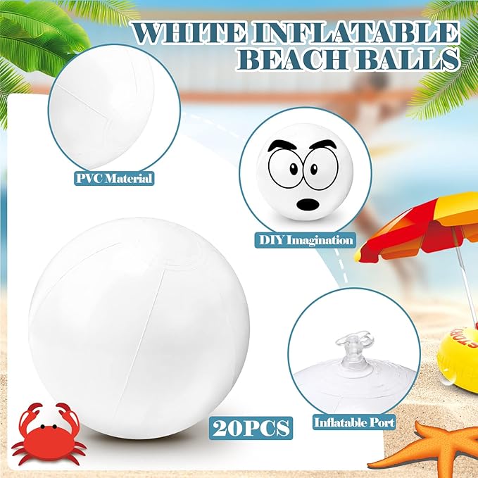 Junkin 20 Pieces 15 Inch Solid White Beach Balls Bulk Inflatable Beach Ball Swimming Pool Party Balls Game Toy for Summer, Pool and Party Favor