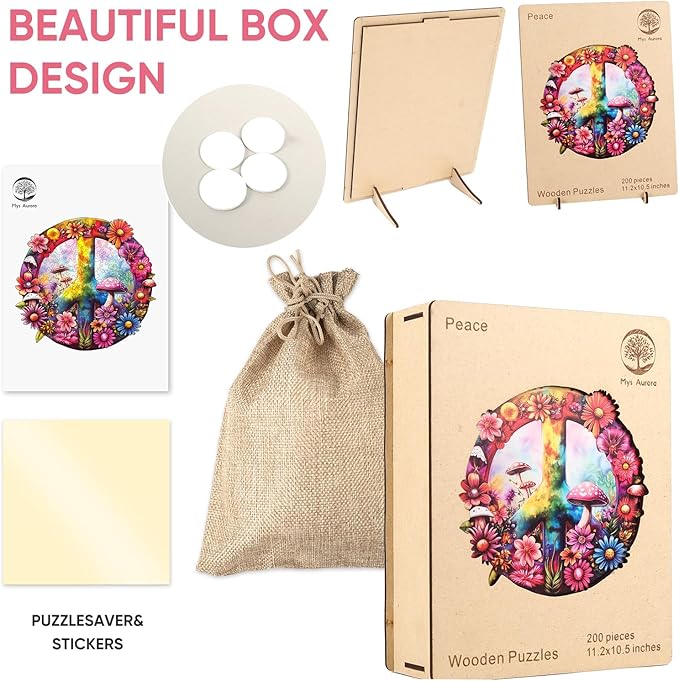 Mys Aurora Jigsaw Puzzles, 5MM Thick Peace Theme Wooden Puzzles for Adults, 200 Piece Unique Shape Puzzle, Birthday Gifts Family Brain Teaser Puzzle Games for Adults, 11.2 x 10.5 Inches