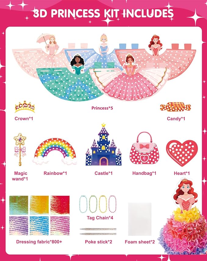 Zivorin Poke Art Craft Kit for Girls, 3D Princess Ornament DIY Set, Princess Crafts for Girls 4-6, Creative Poke Art Supplies for Kids Ages 4-8, Ideal Christmas Birthday Easter Gifts