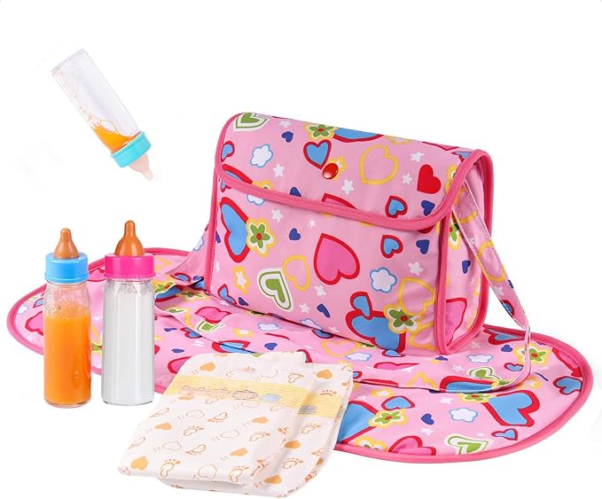 BABESIDE 5 Pcs Baby Diaper Bag Set with Magic Bottles, Baby Doll Accessories Includes Changing Mat, Diapers and Bottle with Disappearing Milk for 12-16 inches Dolls Kids Gift