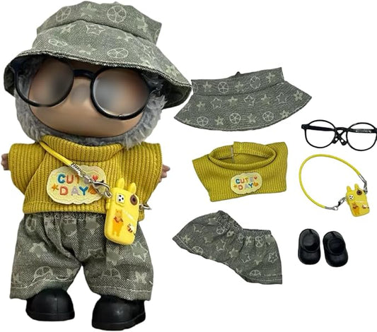 17cm Doll Clothes for lububu,Designer Clothes Suitable for lububu Dolls Outfits and Accessories Set,Including Top +Pants+Hat+Glass+Bag(Two Types of Random Distribution)+Shoes 6PCS,Not Doll(Yellow)