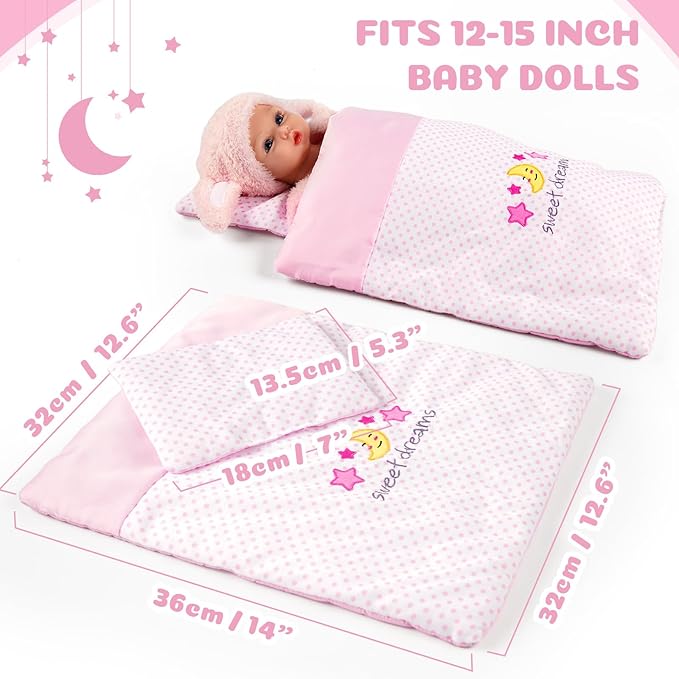 BABESIDE 2 Pcs Baby Doll Bedding Set for 12-15 Inch Dolls, Pink Polka Dot Baby Doll Blanket and Pillow Set with Cute Moon & Stars Pattern for Realistic Babydoll Accessories