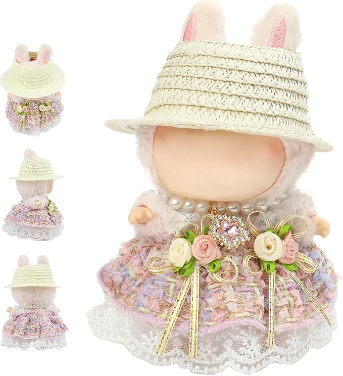 Clothes for labubu Skirt Set for Doll 3 Piece Set with Dress Outfit Hat Necklace Chic Dress for Dolls Accessories (NO Doll)(Pastel Tweed)