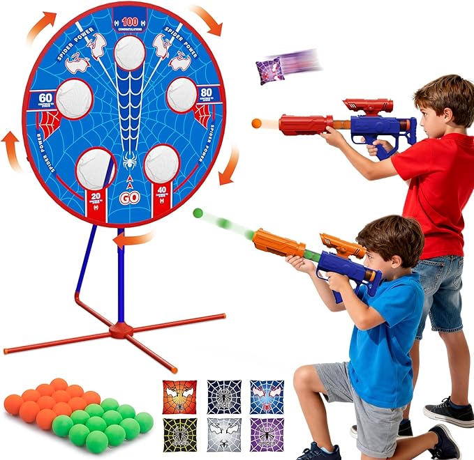 Spider Upgraded 2-in-1 Shooting Games Toys: Rotating Target, 2 Air Blasters & 24 Foam Balls, Bean Bag Toss Game for Kids, Indoor Outdoor Yard Party Games for Boys Girls 4 5 6 7 8 9 10+ Year Old Gift