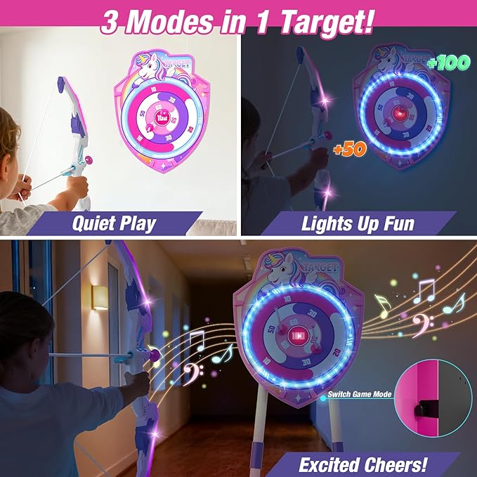 Bow and Arrow for Kids, LED Light Up Unicorn Archery Set with 12 Suction Cup Arrows, 1 Standing Glow Target, 3 Score Targets & 1 Quiver, Indoor Outdoor Sport Toys for Boys Girls Ages 4-12
