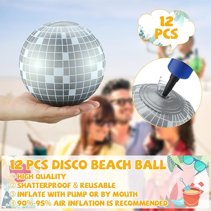 12 Pcs Inflatable Beach Ball Disco Theme Party Decoration Inflatable Disco Ball for Summer Pool Indoor Outdoor Beach Sports Theme Decor Gift