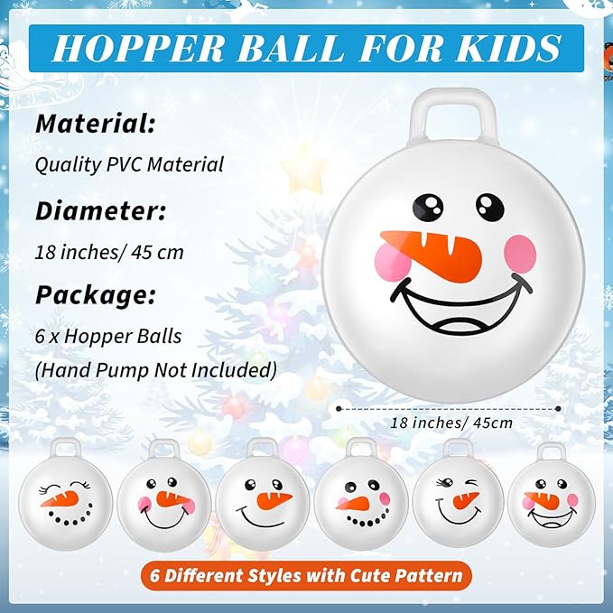Sratte 6pcs 18 Inch Bouncy Hopper Ball with Handle Snowman Face White Christmas Bouncing Balls Hopping Toys Inflatable Jumping Toy for Sport Boys Girls Gifts Winter Party Favors