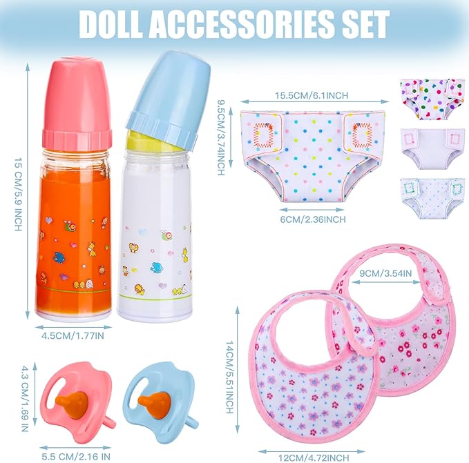 10 Pcs Baby Doll Accessories Set Pretend Feeding and Caring Play Toy Set with Magic Disappearing Milk and Juice Bottles, Pacifier, Bibs, Diapers Baby Doll Stuff for Kids Girls Birthday Party Gifts