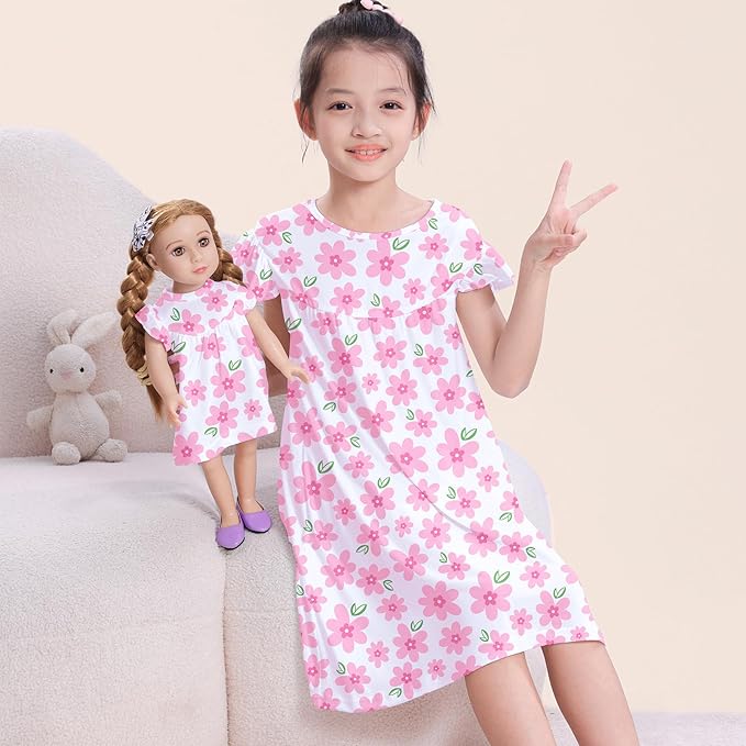 ICOSY Matching Doll & Girls Nightgowns Clothes Girls Pajamas Sleepwear Outfit for Kids and 18" Girl Doll