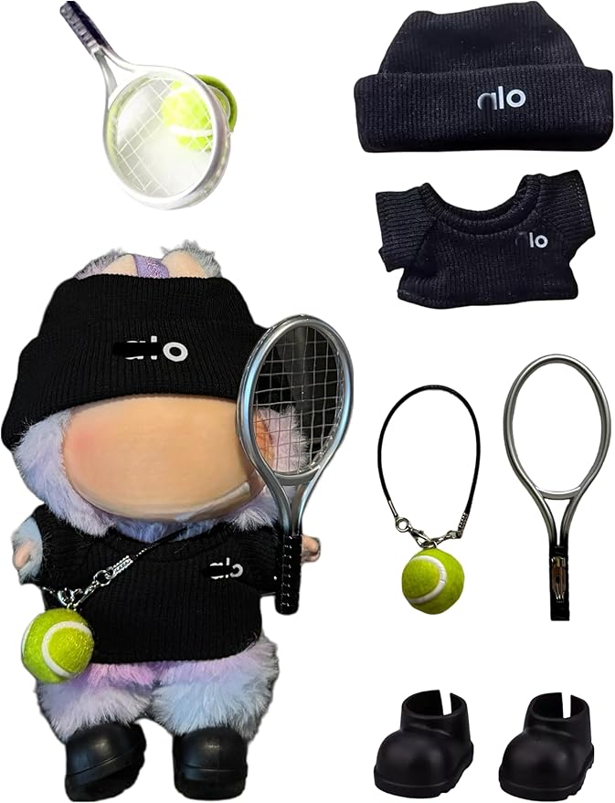 17cm Doll Clothes for Lububu Dolls，Designer Jerseys Clothes Suitable for lububu Dolls Outfits and Accessories Set， Includes top + Pants + Tennis Racket + Ball Charm + Shoes (Black)