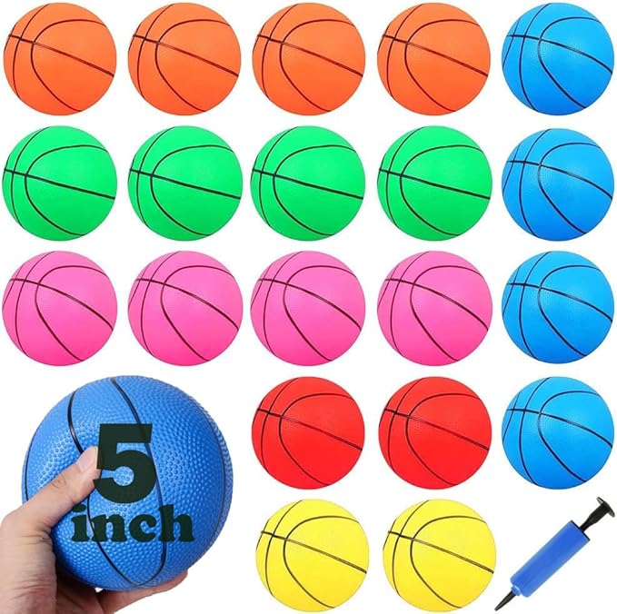 24Pcs 5 Inch Mini Basketballs, Small Basketball with Pump for Kids Adult Colorful Rubber Inflatable Basketball for Mini Hoops & Over Door Hoops Pool, Indoors, Outdoors