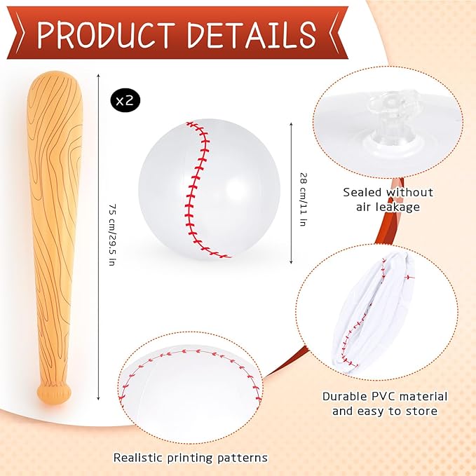 Inflatable Baseball Set, Ball Baseball and Inflatable Baseballs Bat, Baseballs Party Decoration for Kid Adult Pool Beach Party Favors