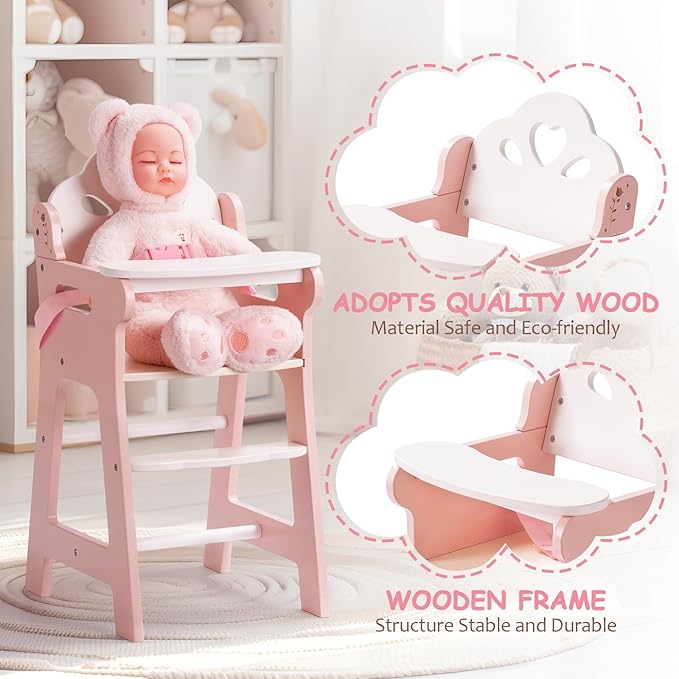 ROBUD Baby Doll High Chair, Pretend Play High Chair with Seat Belt, Pink Wooden Baby Doll Accessories with Movable Tabletop, Fits 18-20 Inch Dolls