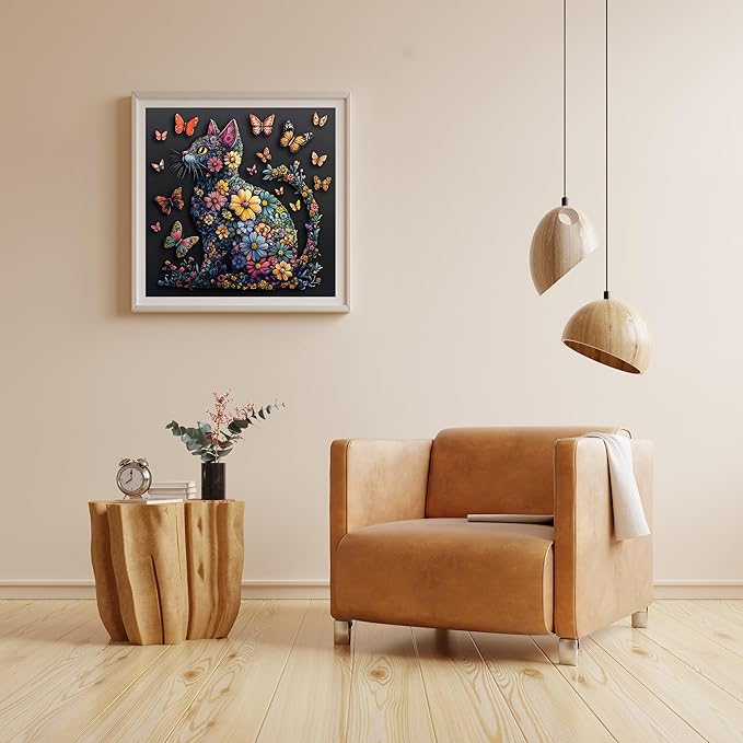 Cat 1000 Piece Puzzle for Adults, Butterfly Jigsaw Puzzles, Black Cat Flower Puzzle for Home Decor, Finished Size 23.98 * 23.98", with 1:1 Poster, Letter on The Back