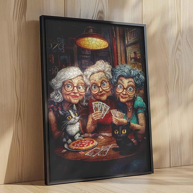 Fashion Old Woman Casino1000 Piece Jigsaw Puzzles for Adults Funny Grandma Playing Poker Jigsaw Puzzle Cute Animal Cat 1000 Pieces Puzzles Game Home Wall Decor Friendship DIY Craft Puzzle Art Gift