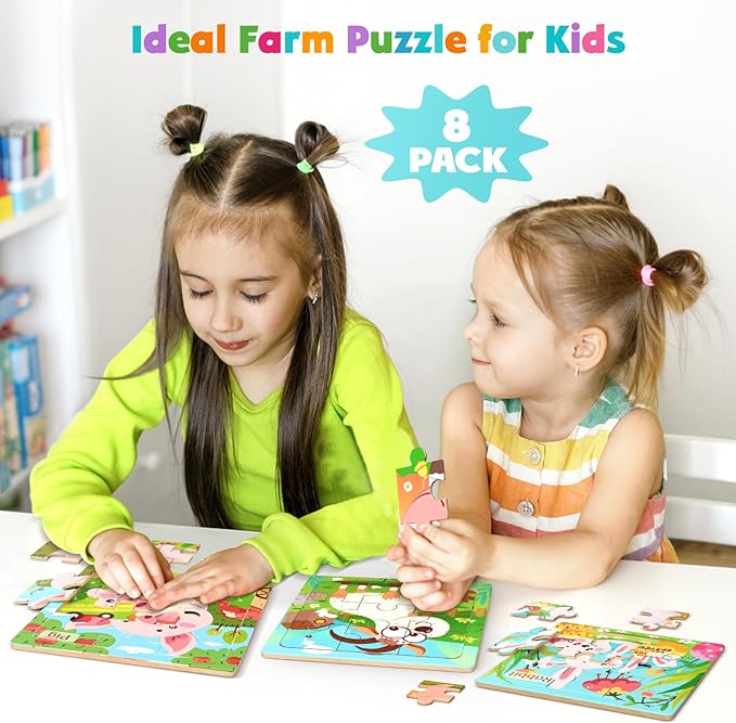 Zeoddler Wooden Puzzles for Toddlers, 8 Pack Farm Animal Jigsaw Puzzles for Kids3-5, 9 Pieces Preschool Learning Activities, Learning & Educational Toys, Gift for Boys, Girls