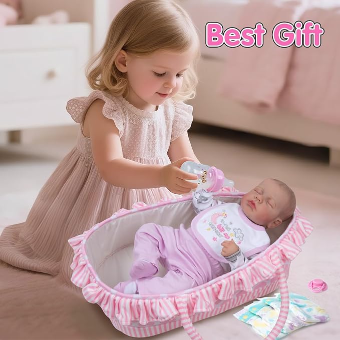 12 Pcs Reborn Baby Doll Clothes Accessories with Bassinet for 17-22 inch Newborn Babydolls Girl Reborn Dolls Accessories Pink Outfit Gift Set