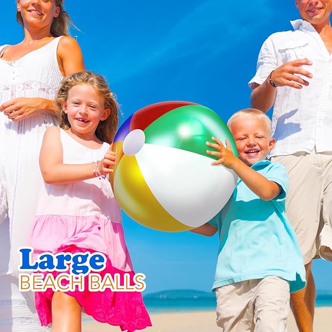 4E's Novelty Beach Balls [3 or 6 Pack] 20" Inflatable Beach Balls for Kids - Pool Games Toys for Kids & Toddlers, Classic Rainbow Color, Easter Outdoor Yard Games