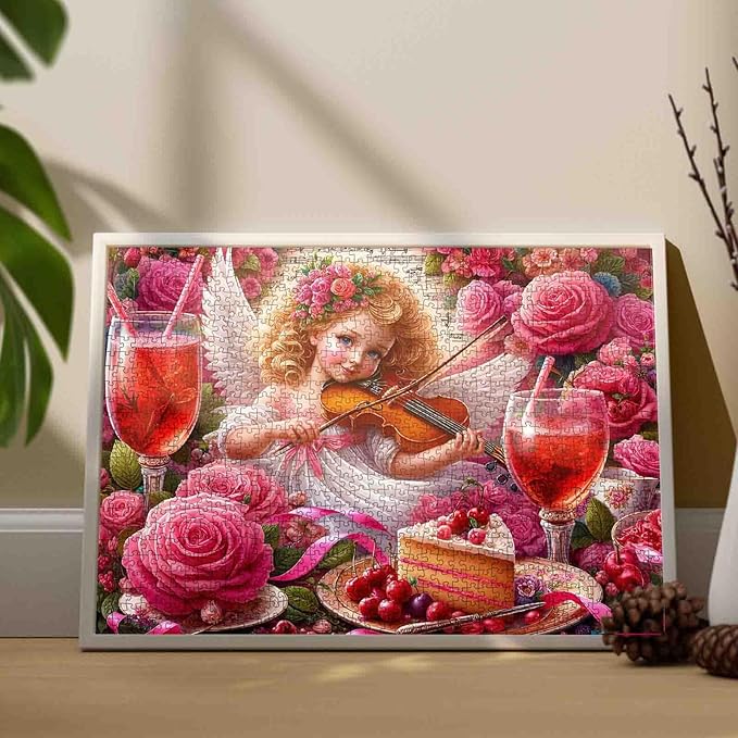 Angel Girl with Wings Puzzle 1000 Piece Jigsaw Puzzle for Adults– Pink Roses Art Puzzle DIY Crafts Puzzles for Valentine's Day Gift，Challenging Puzzle Perfect for Game Nights(27"x20")