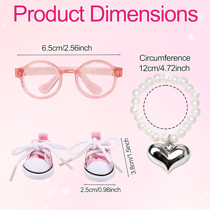 Doll Outfit Set, Adorable Pink Glasses & Heart-Shaped Necklace & Cute Canvas Shoes for Dolls Clothing Accessories Decoration or Collection