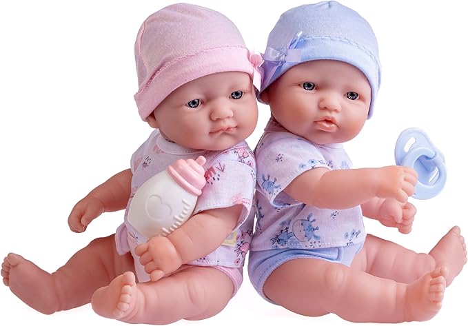 Berenguer Boutique Realistic La Newborn 12.5" Washable Vinyl Twins | Blue and Pink Themed Gift Set with Reusable Diaper, Caps, Shirts, Pacifier, Bottles and Birth Certificate - JC Toys