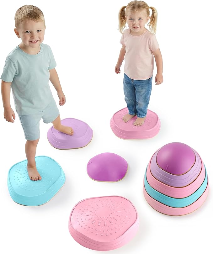 Special Supplies Stepping Stones for Kids, 5 Balance Indoor and Outdoor Blocks Promote Coordination, Balance, Strength, Child Safe Rubber, Non-Slip Edging, Stackable