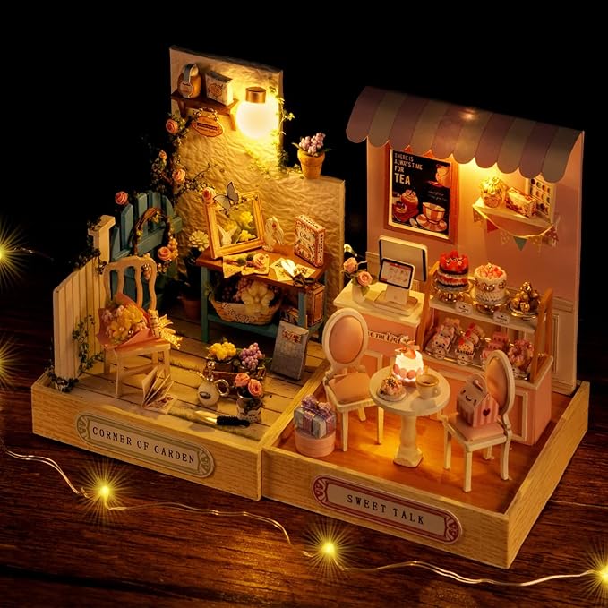 TuKIIE DIY Miniature Dollhouse Kit with Furniture, 1:24 Scale Creative Room Mini Wooden Doll House Plus Dust Proof for Kids Teens Adults(Corner of Garden)