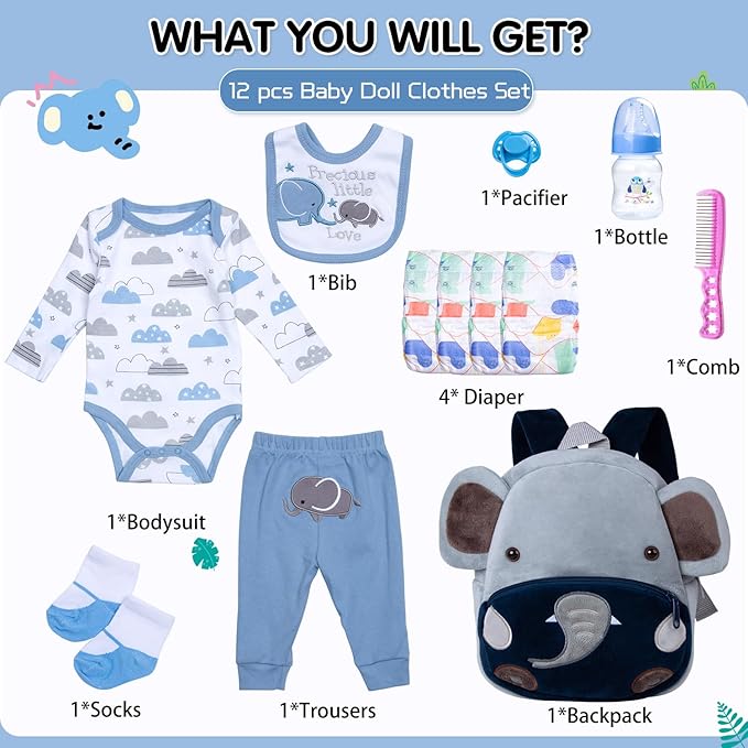 12Pcs Reborn Baby Doll Accessories Set 17-22 Inch Boy Clothes with Backpack Blue Elephant Outfits Reborn Baby Dolls Clothes Diapers Bag Design