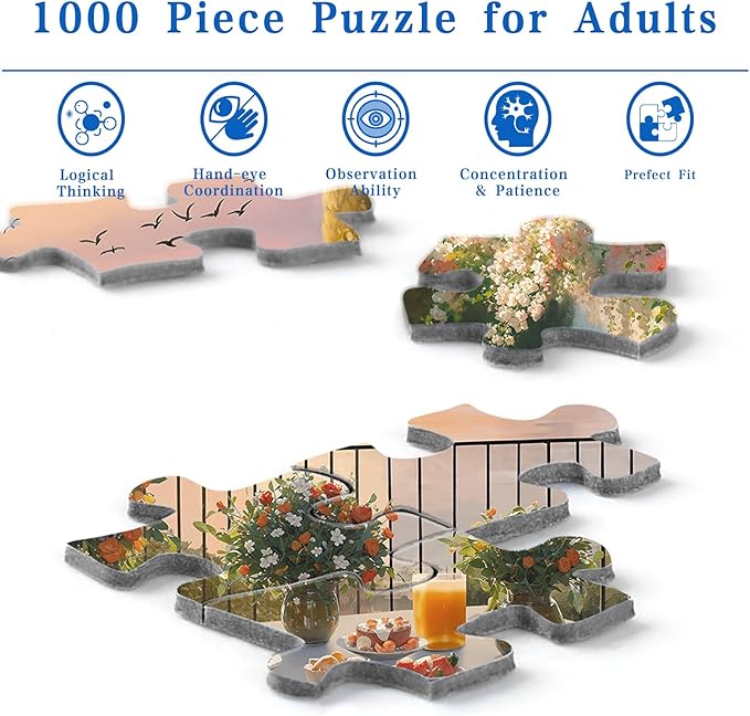 Puzzles for Adults 1000 Pieces, Rocorose Sunset Courtyard Puzzle Sea Landscape Challenging Family Puzzles for Gift Game Night Fun Activity Christmas Home Decor