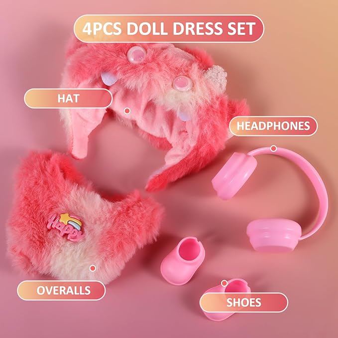 17cm Doll Clothes Set for Labubu Dress Up,Cute Outfit ,4 Piece Hat Overalls Headphones Shoes Dolls Clothing Accessories(NO Doll) (Red)