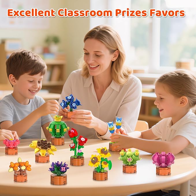 24 Pack Flowers Succulent Party Favors for Kids Building Set - 1012pcs Botanical Bonsai 3.6mm Mini Building Blocks Toy for Easter Basket Fillers Classroom Prize Stocking Stuffer Gift for Girl Boy 6+