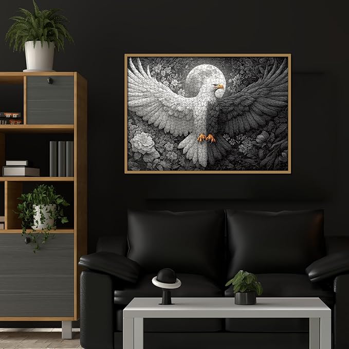 Flower Eagle Puzzles for Adults 1000 Pieces Nature, Magic Bird Black White Art Jigsaw Puzzles, Fantasy Wildlife Moon Impossible Hard Difficult Challenging Puzzle
