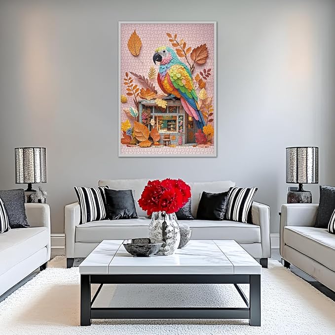 Jigsaw Puzzle 1000 Pieces Colorful Parrot, Pink Background Autumn Leaves, 19.7x27.6 Inches for Adults & Teens 14+ Family Game (Colorful Parrot) C0807