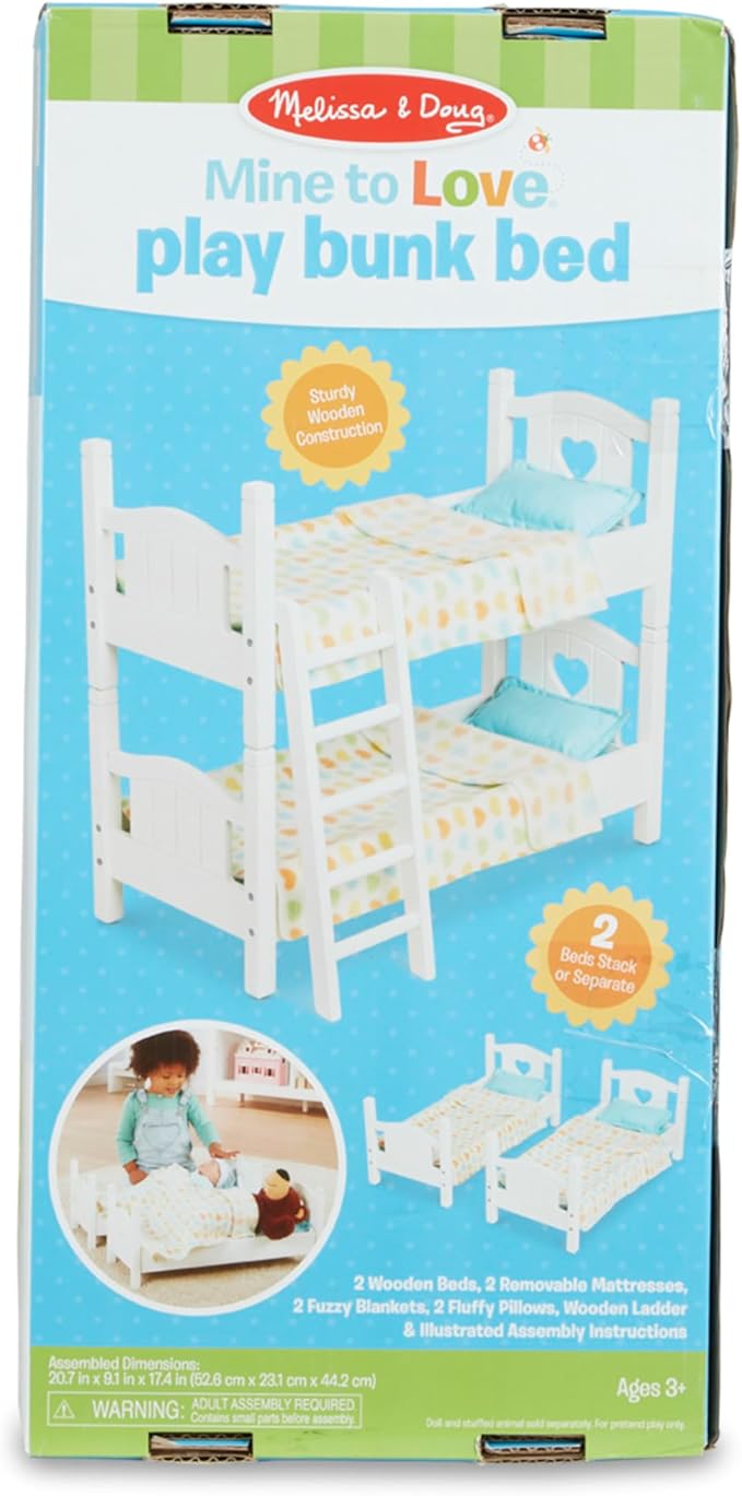Melissa & Doug Mine to Love Wooden Play Bunk Bed for Dolls up to 18 inches-Stuffed Animals - White (2 Beds, 17.4”H x 9.1”W x 20.7”L Assembled and Stacked)