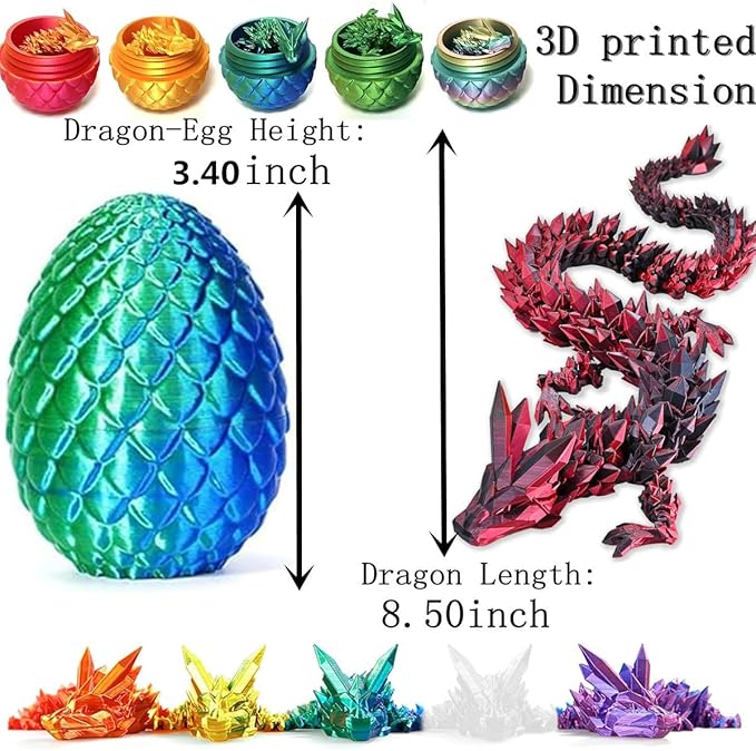 3D Printed Dragon Easter Egg,8.5in. Articulated Crystal Dragon Fidget Toy,Perfect Basket Essentials Stuffers (4sets & Bluegreen/CandyMulti/PurpleBlue/RedGold, L8.5inch Dragon&H3.5inch Egg)