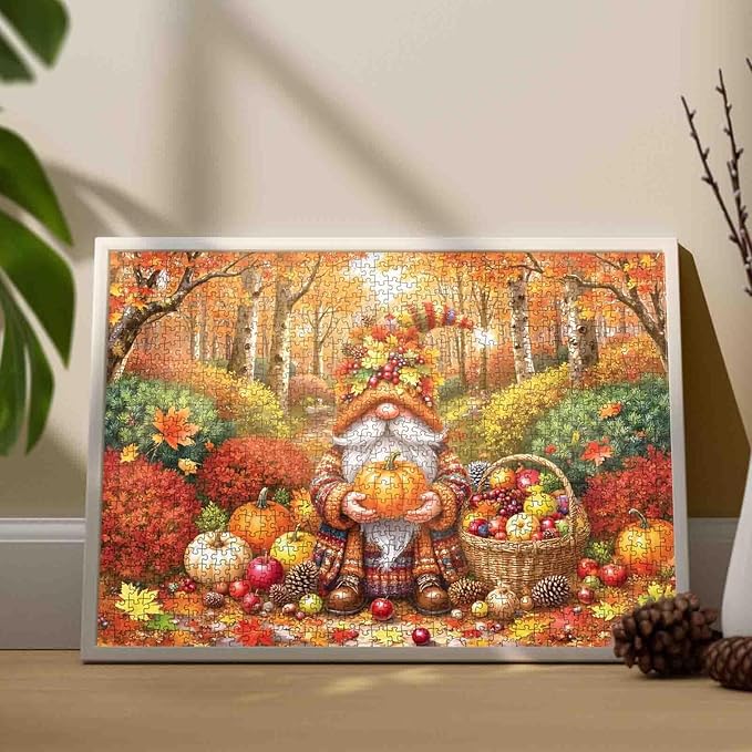 Fall Gnomes Jigsaw Puzzle 1000 Pieces for Adults Autumn Fallen Leaves Puzzle Pumpkin Thanksgiving Puzzle Intellectual Decompressing Fun Family Game Living Room Wall Decoration Gift Travel Toys