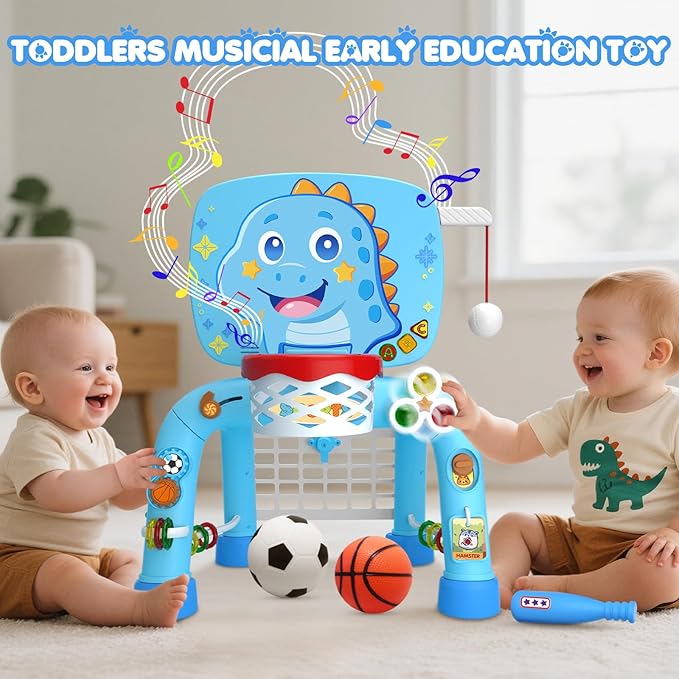 Toys For 1 Year Old Boy - Toddler Basketball Hoop&Soccer Goal&Baseball Sport Activity Center,Montessori Sensory Musical Toy With Light,Christmas Birthday Gift for Age 12-18 Month(Baby Blue Dinosaur)