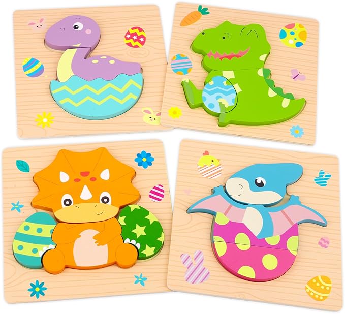 Easter Wooden Puzzles for Kids Toddlers,4 Pack Dinosaur Easter Puzzle,Easter Basket Stuffers Party Favors,Fun Dinosaur Puzzle Toy Gifts for Toddlers Kids Girls Boys
