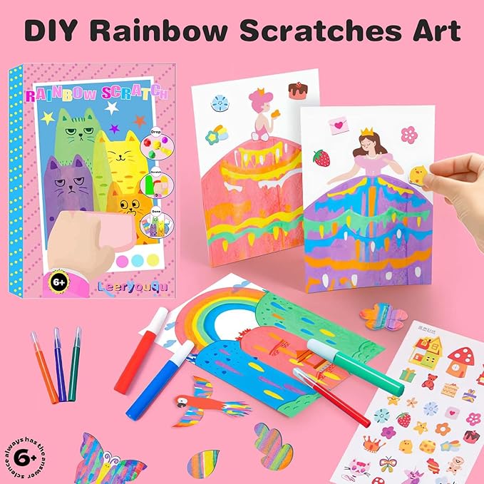 LEERYOUQU Squeegee Art Craft Kit, Creative Painting Kit for Kids, Rainbow Scratch Paper Art Set Notebooks, Magic Dot Scratch Painting Party DIY Gifts for Girls and Boys