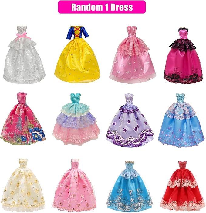 19 Pcs Doll Clothes and Accessories for 11.5 Inch Girl Dolls Outfit, Random 3 Stylish Dresses, 4 Tops, 4 Pants, 3 Evening Dresses, 1 Wedding Dress, 2 Swimsuits, 2 Pairs of Stockings