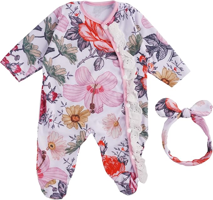 BABESIDE 2 Pcs Reborn Baby Doll Clothes with Headband for 17-22 Inch Babydolls, Floral Patterns Reborn Baby Doll Accessories for Realistic Dolls Girls, Pink